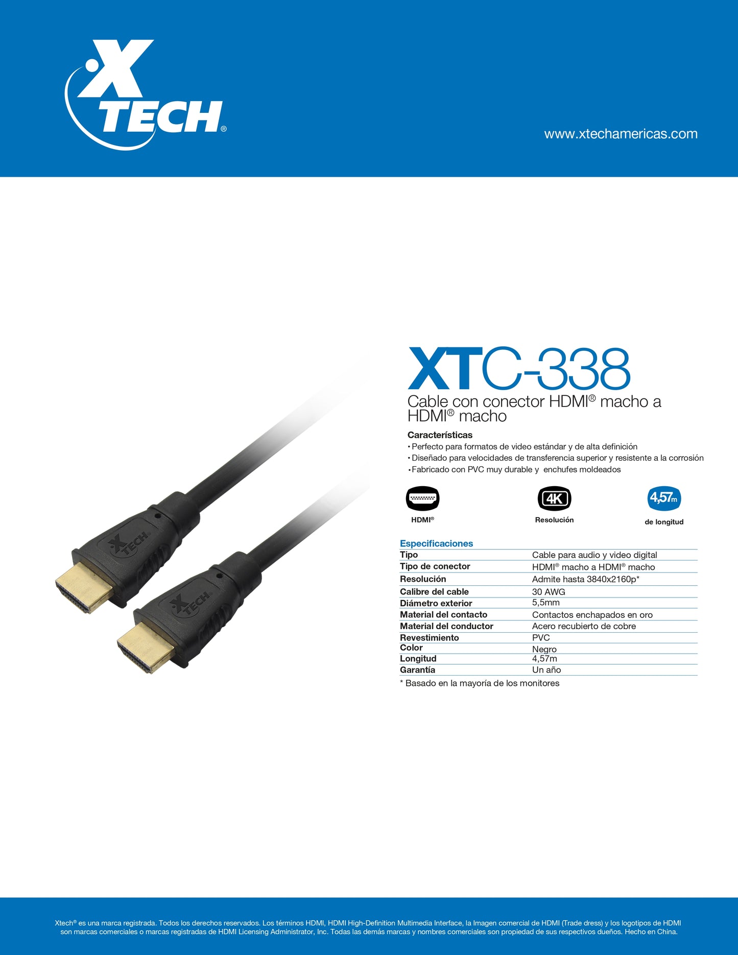 XTECH CABLE HDMI 4.5 MTS MTS 30AWG M/M V1.3