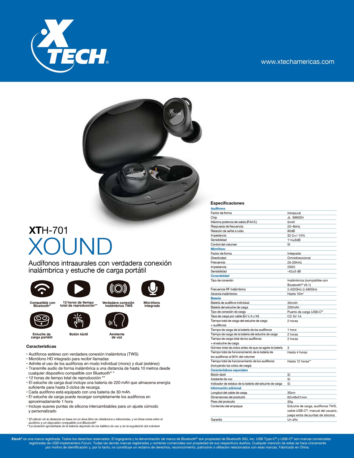 XTECH XOUND ERBUDS WLS-BT IN-EAR TWS W/CHARGING CASE-XTH-701