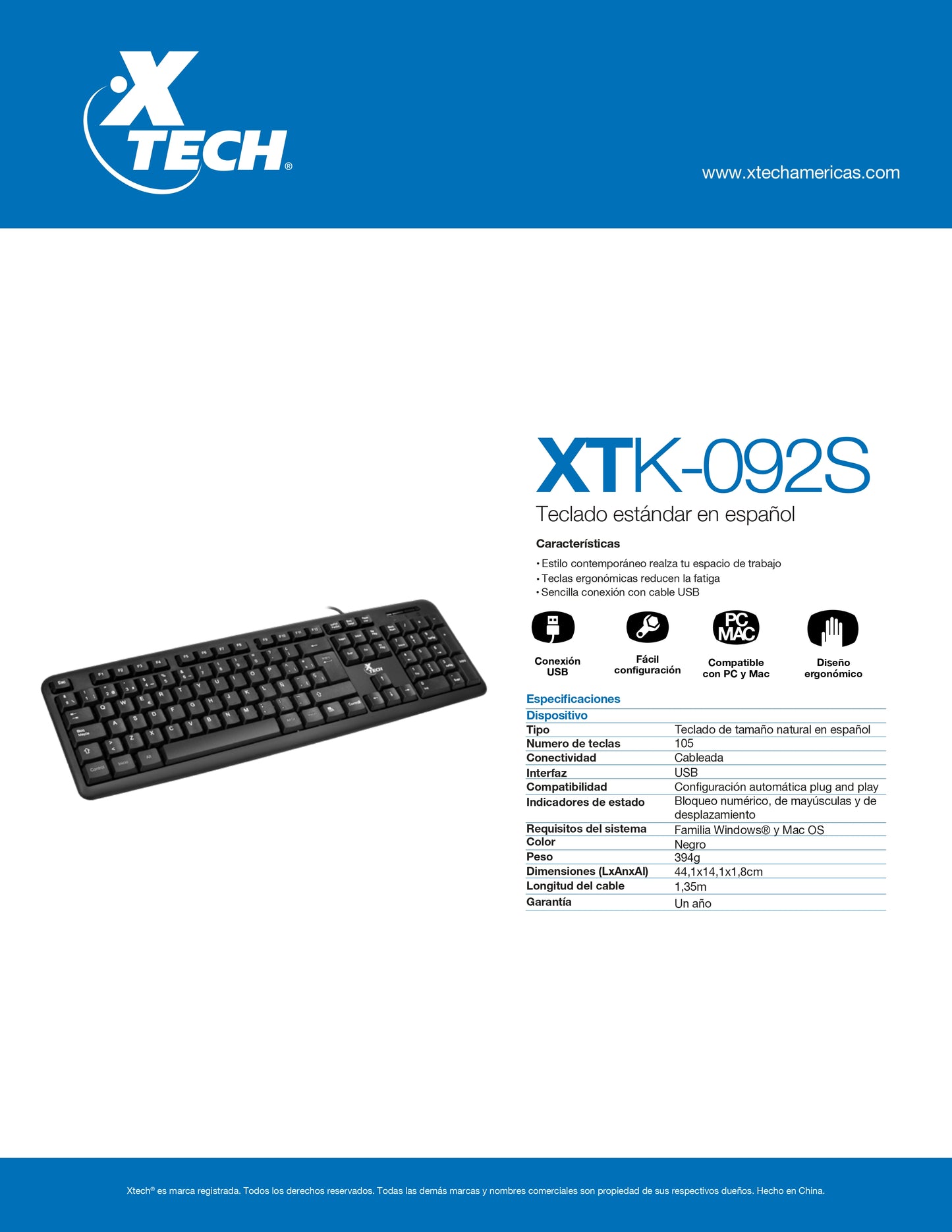 XTECH TECLADO ALAMBRICO USB 105 TECLAS ESPANOL NEGRO