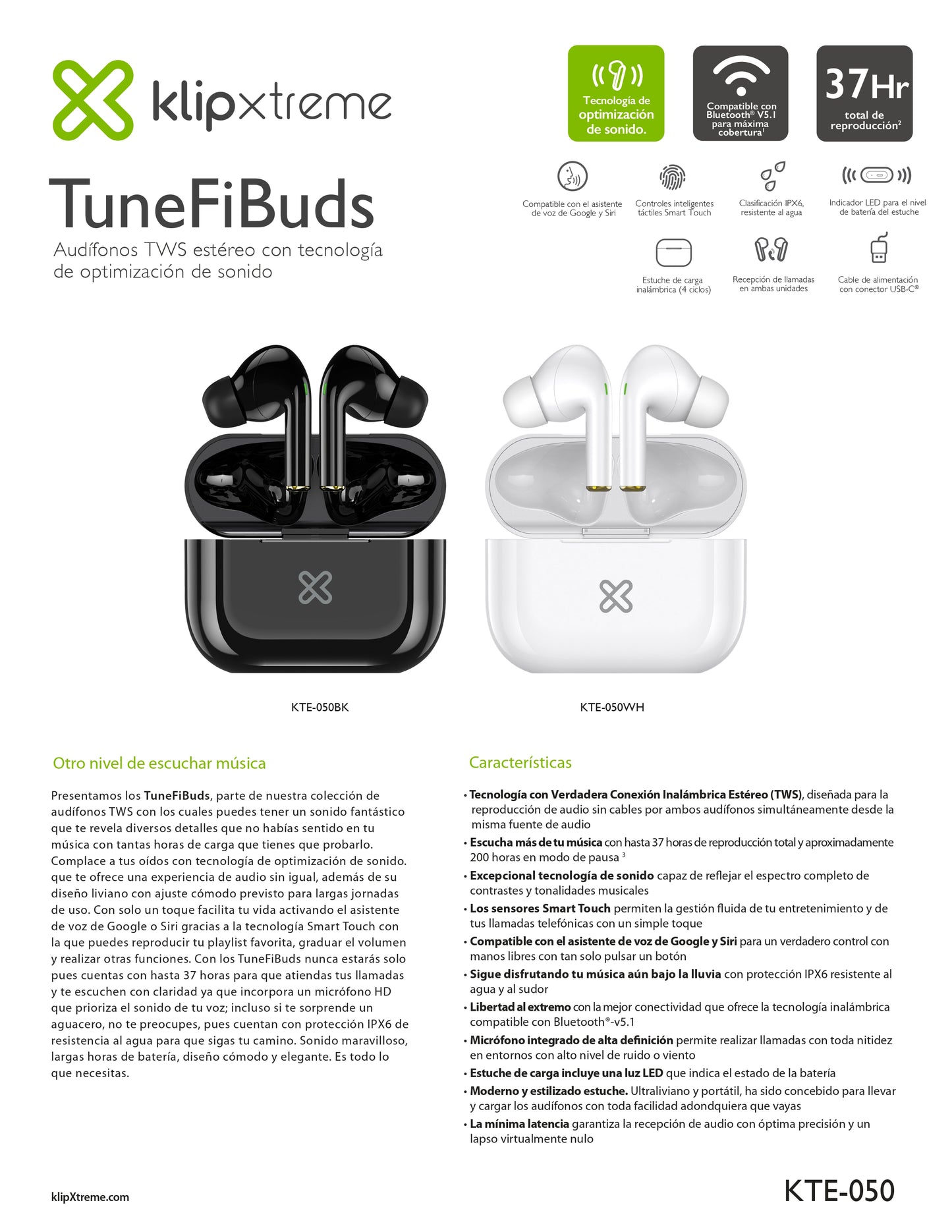 KLIPX AUDIFONOS TWS TUNEFIBUDS 37HRS AUTONOMIA BLANCO