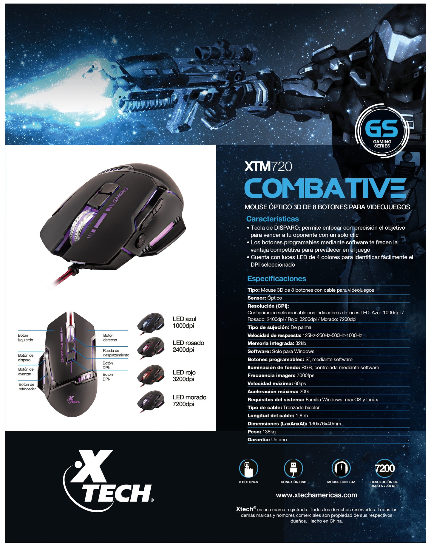 XTECH COMBATIVE WIRED GAMING MOUSE 7200DPI 4 LED XTM720