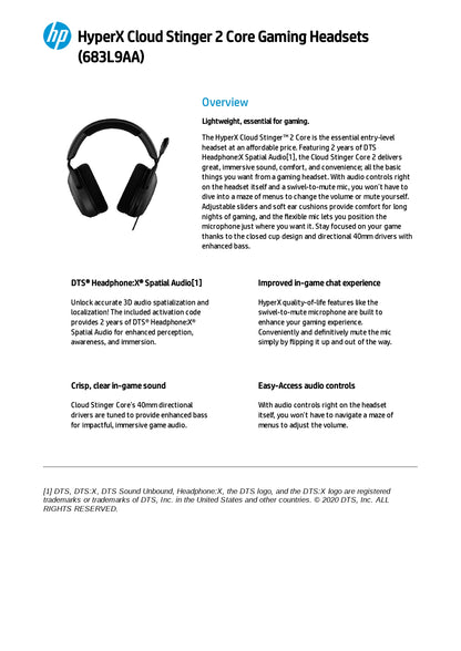 HYPERX HEADPHONES - FOR GAME CONSOLE - WIRED - CLOUD STINGER CORE PS5 2 WHIT