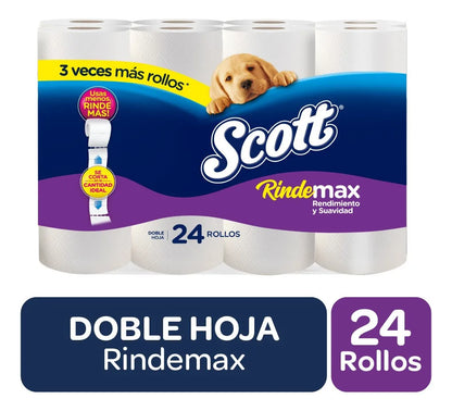 PAPEL HIGIÉNICO SCOTT RINDEMAX HOJA DOBLE 50 MT X 4 ROLLOS MANGA 24 ROLLOS