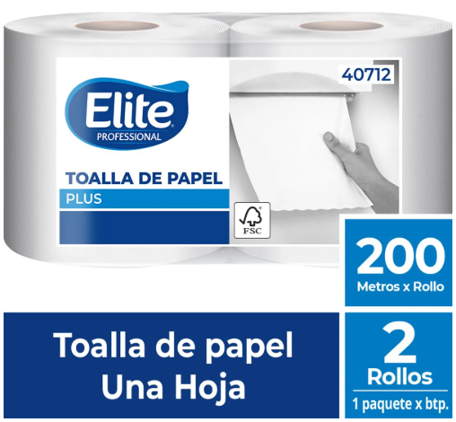 TOALLA DE PAPEL ALTO METRAJE H/S BLANCA PLUS 200 MT x 2 ROLLOS ELITE