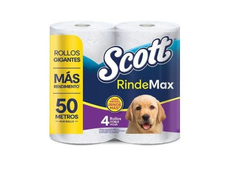 PAPEL HIGIÉNICO SCOTT RINDEMAX HOJA DOBLE 50 MT X 4 ROLLOS MANGA 24 ROLLOS