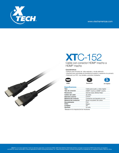 XTECH CABLE HDMI 3 MTS 4K 60HZ V1.3 M/M