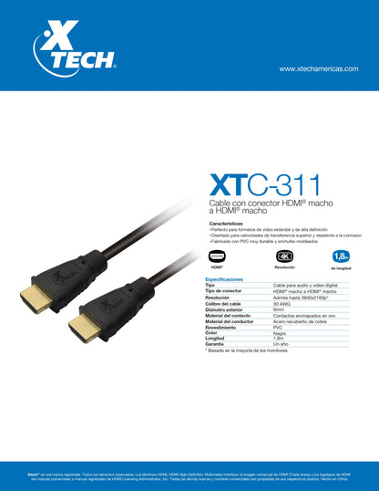 XTECH CABLE HDMI 1.8 MTS 4K 60HZ M/M V1.3