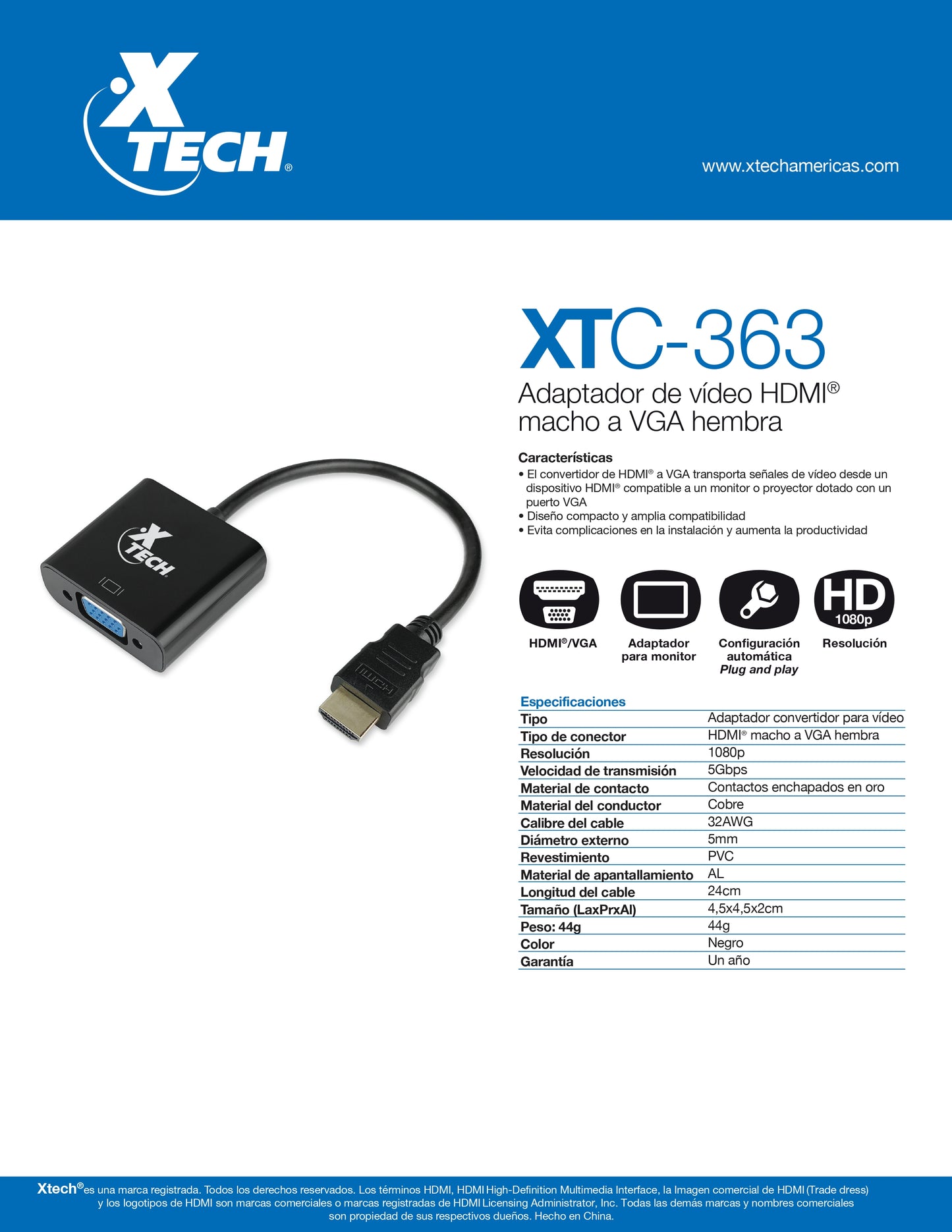XTECH ADAPTADOR HDMI MACHO A VGA HEMBRA PARA VIDEO HD1080P