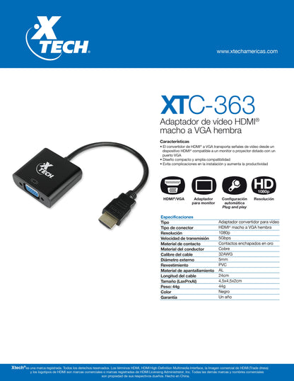 XTECH ADAPTADOR HDMI MACHO A VGA HEMBRA PARA VIDEO HD1080P