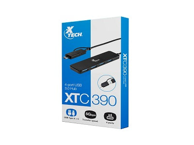 XTECH HUB CON ADAPTADOR USB TYPE C Y USB A CON 4 PUERTOS USB