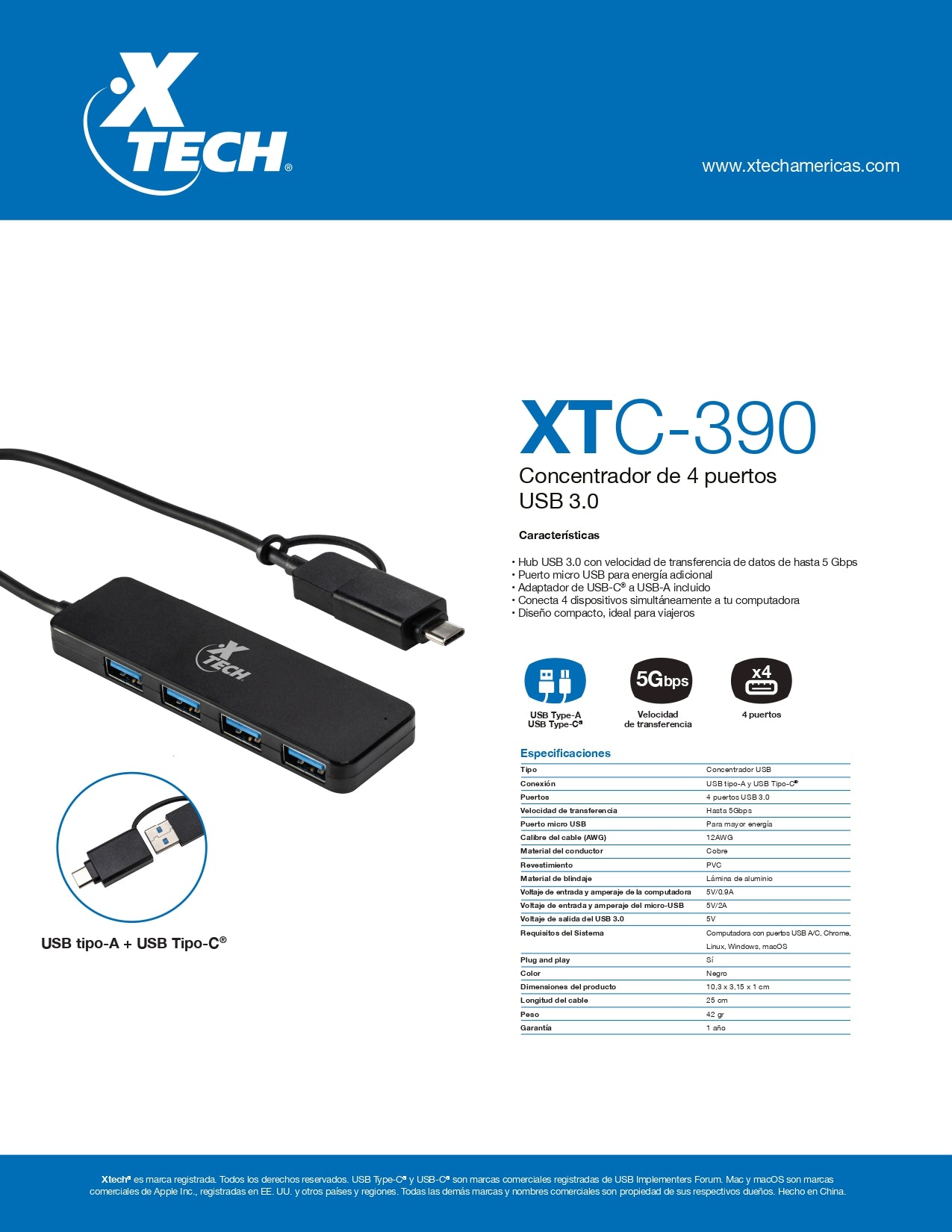 XTECH HUB CON ADAPTADOR USB TYPE C Y USB A CON 4 PUERTOS USB