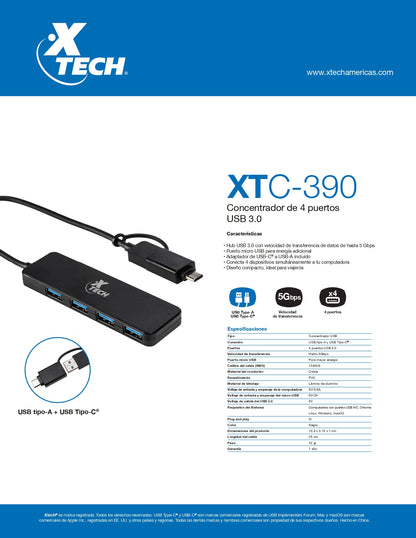XTECH HUB CON ADAPTADOR USB TYPE C Y USB A CON 4 PUERTOS USB