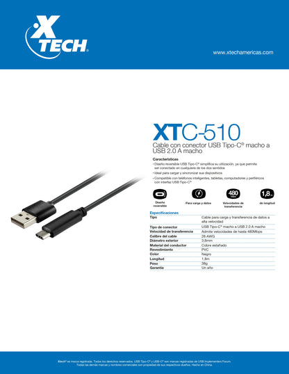 XTECH CABLE TIPO C MACHO A USB 2.0 MACHO 1,8 METROS