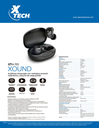 XTECH XOUND ERBUDS WLS-BT IN-EAR TWS W/CHARGING CASE-XTH-701