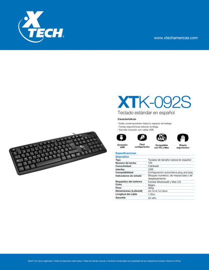 XTECH TECLADO ALAMBRICO USB 105 TECLAS ESPANOL NEGRO