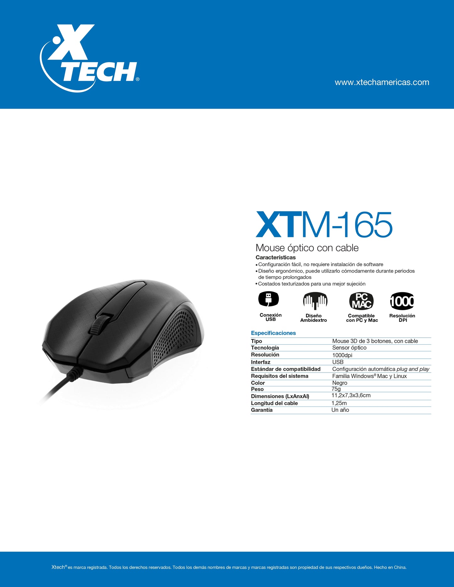 XTECH MOUSE ALAMBRICO USB 3D DE 3 BOTONES