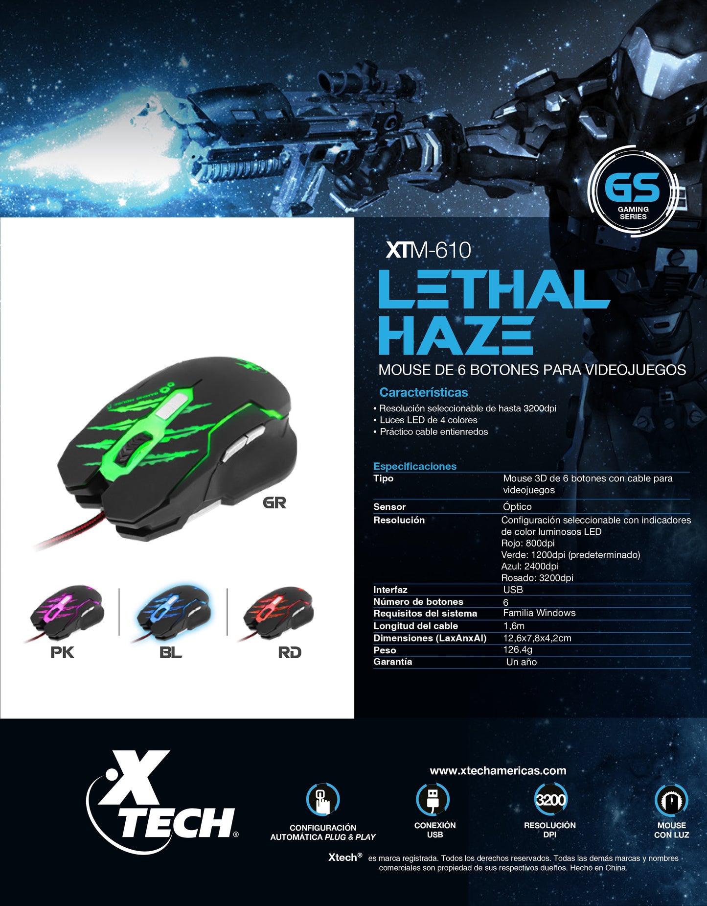 XTECH MOUSE GAMING 6 BOTONES HASTA 3200DPI USB