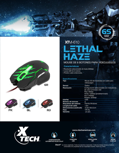 XTECH MOUSE GAMING 6 BOTONES HASTA 3200DPI USB