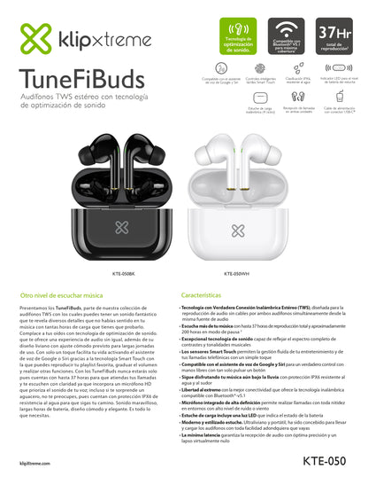 KLIPX AUDIFONOS TWS TUNEFIBUDS 37HRS AUTONOMIA BLANCO